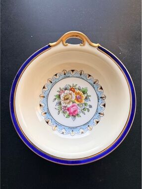 Noritake Morimura Hand-Painted Floral Handled Bowl Blue & Gold Made in Japan